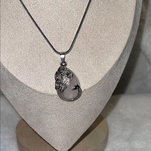 Elegant Silver and Pink Rose quartz , Peacock Pendant Necklace